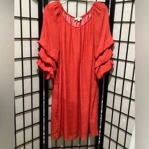 INDIGO ROSE DEEP CORAL OFF THE SHOULDER RUFFLED 3/4 SLEEVE DRESS SIZE 2X